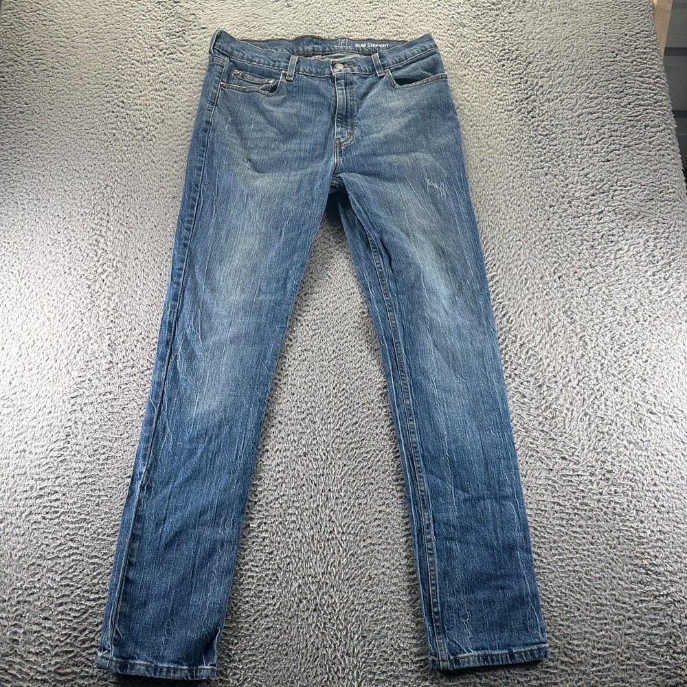 George Jeans Mens 34x32 Blue Cotton Denim Straight Slim Faded Workwear‎ Stretch